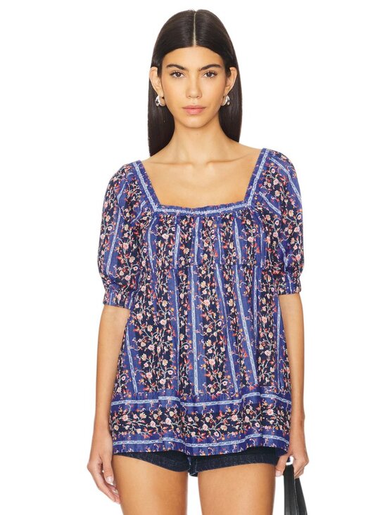 Free People Tops - Free People Vintage Lover Floral Babydoll Blouse Dutch Blue Size Small